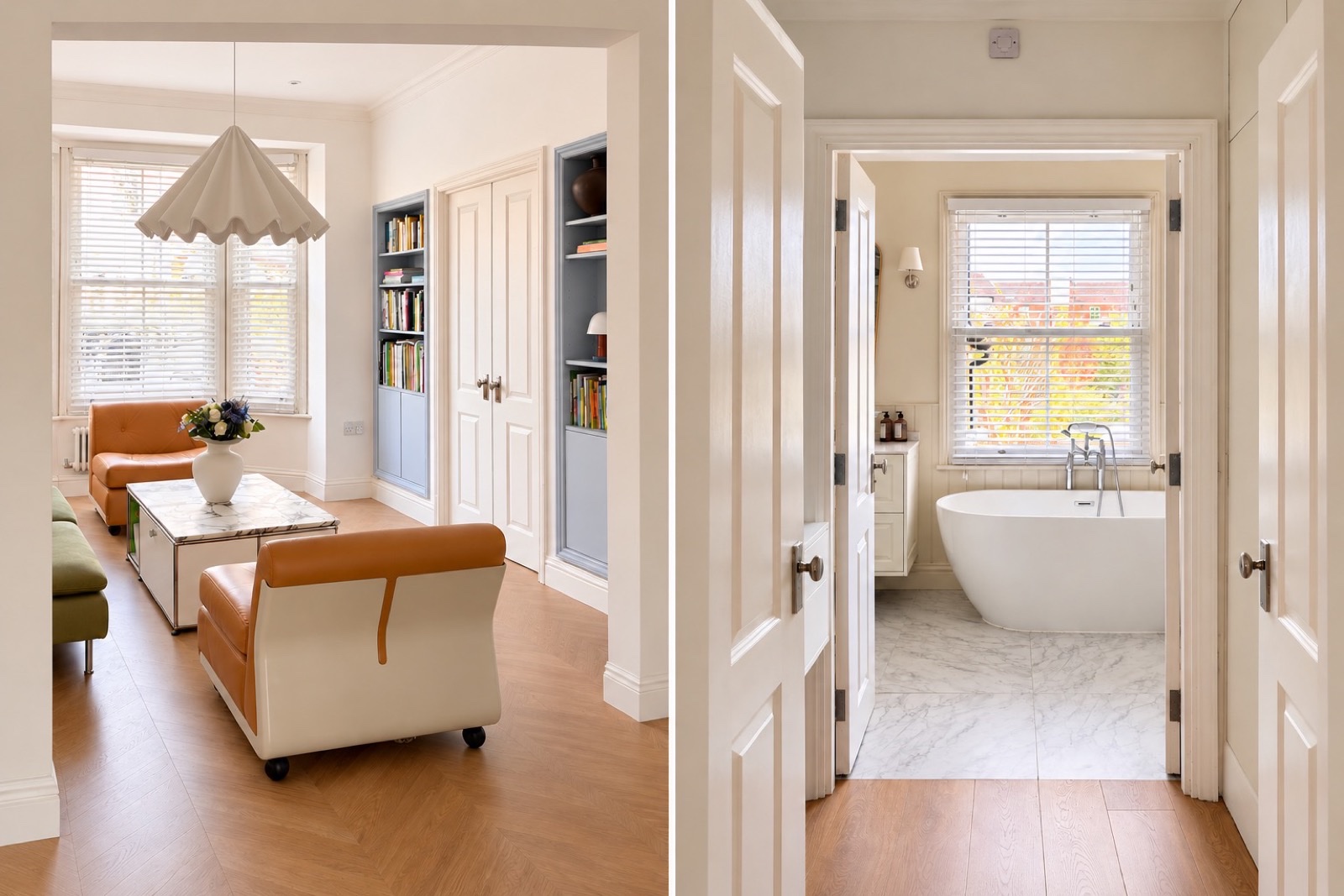 Living room with tan leather chairs beside a marble bathroom